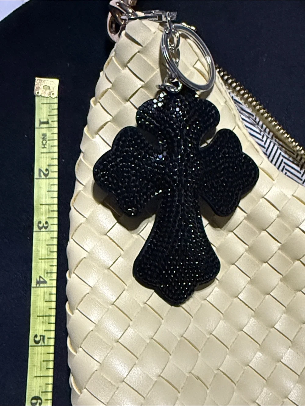 Black Rhinestone Cross Keychain - Silver Hardware